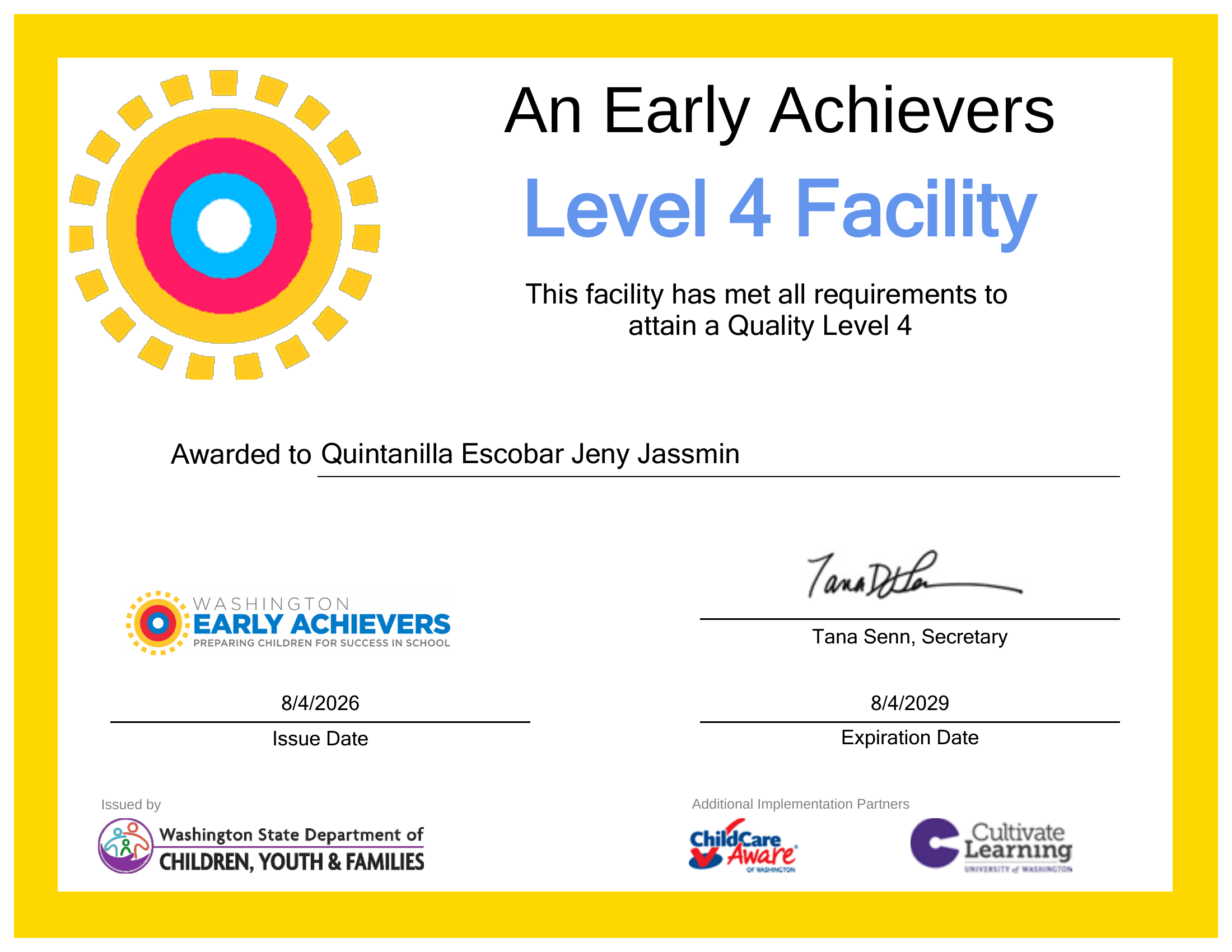 Early Achievers Level 4 Facility certificate awarded to Jeny Jassmin Quintanilla Escobar